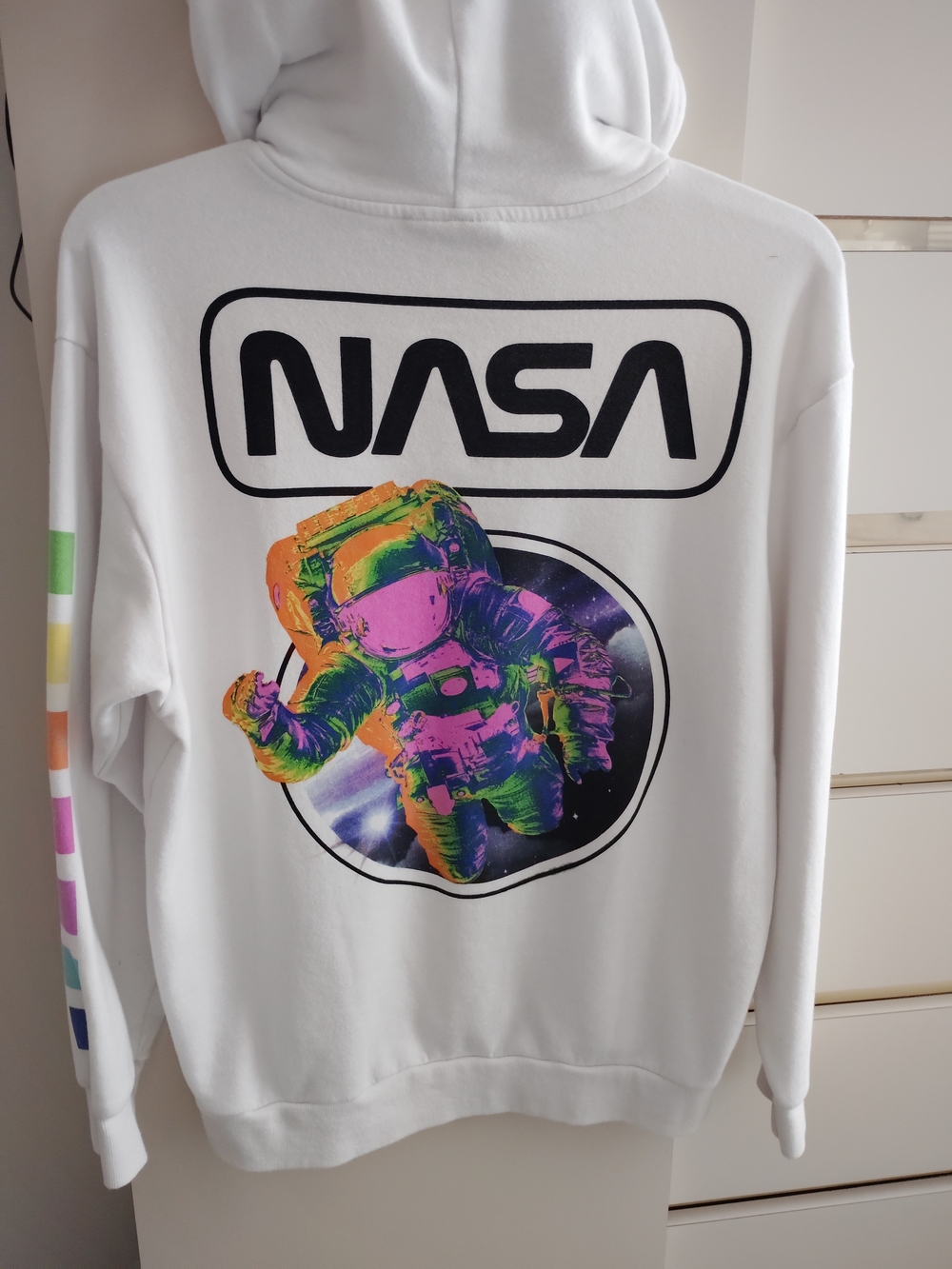 White Men's Hoodie with Neon Astronaut Graphic